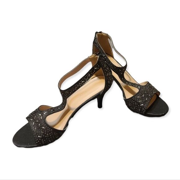 Black Crystal Studded Glitter T-strap Wedding Formal Heels Size 8.5 - Picture 2 of 7